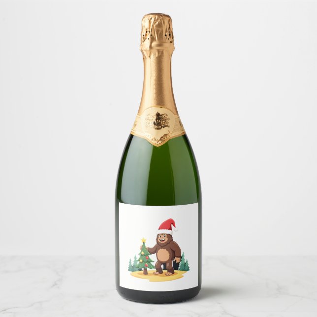 Bigfoot Christmas Tree Santa Hat (3) Sparkling Wine Label (Front)
