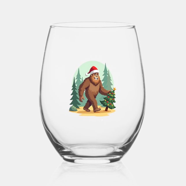 Bigfoot Christmas Tree Santa Hat (3) Stemless Wine Glass (Front)