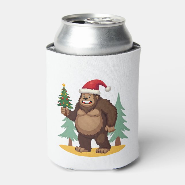 Bigfoot Christmas Tree Santa Hat (4) Can Cooler (Can Front)
