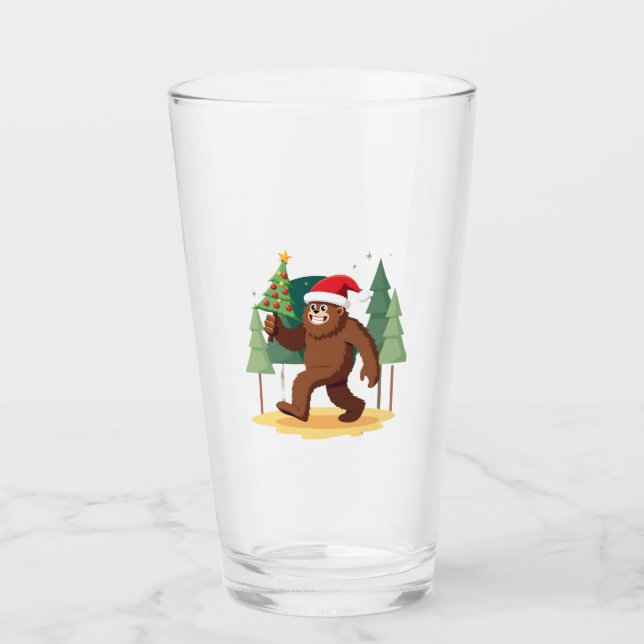 Bigfoot Christmas Tree Santa Hat (4) Glass (Front)
