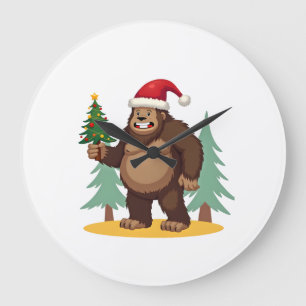 Bigfoot Christmas Tree Santa Hat (4) Large Clock