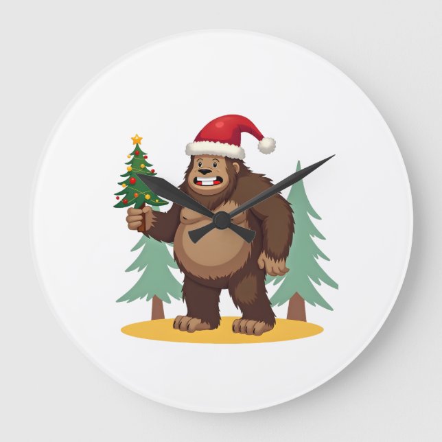 Bigfoot Christmas Tree Santa Hat (4) Large Clock (Front)