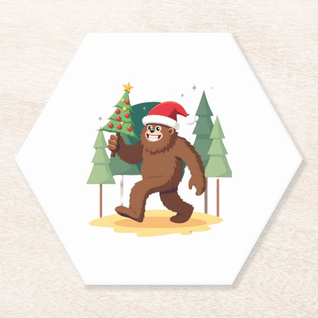 Bigfoot Christmas Tree Santa Hat (4) Paper Coaster (Front)