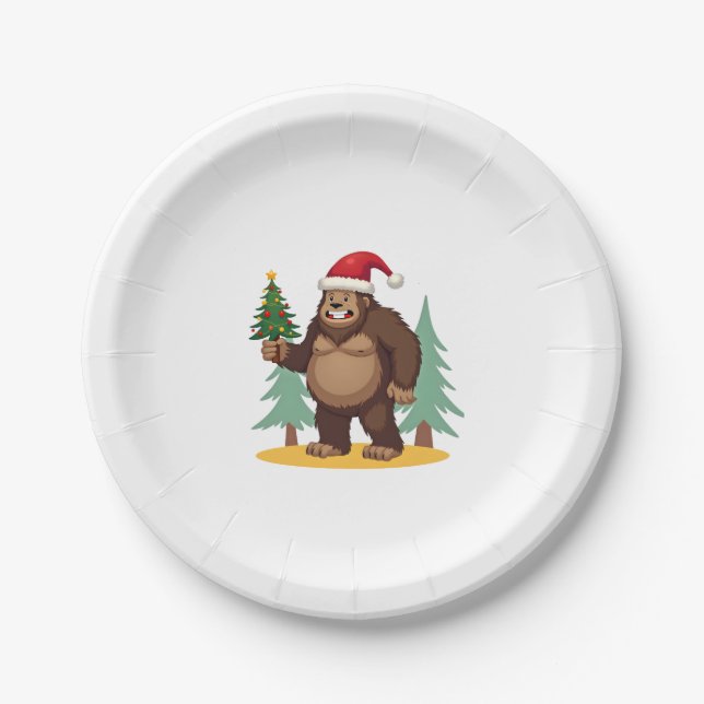 Bigfoot Christmas Tree Santa Hat (4) Paper Plate (Front)