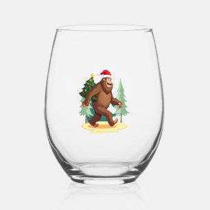 Bigfoot Christmas Tree Santa Hat (5) Stemless Wine Glass