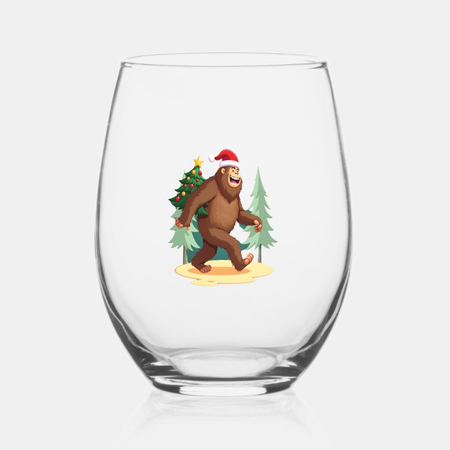 Bigfoot Christmas Tree Santa Hat (5) Stemless Wine Glass (Front)