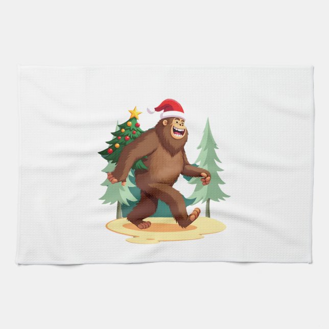 Bigfoot Christmas Tree Santa Hat (5) Tea Towel (Horizontal)