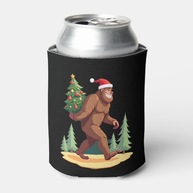 Bigfoot Christmas Tree Santa Hat Can Cooler (Can Front)