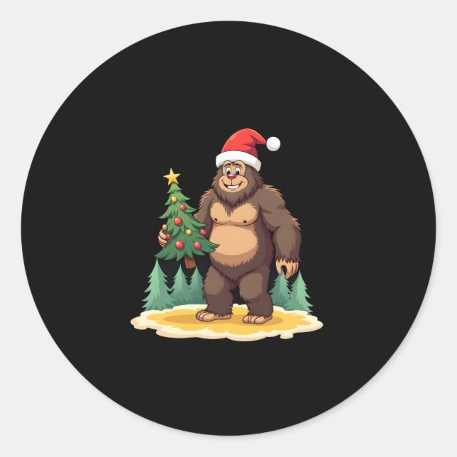 Bigfoot Christmas Tree Santa Hat Classic Round Sticker (Front)