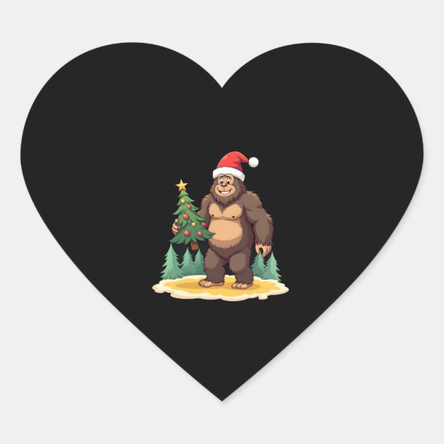 Bigfoot Christmas Tree Santa Hat Heart Sticker (Front)