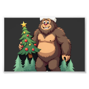 Bigfoot Christmas Tree Santa Hat Photo Print