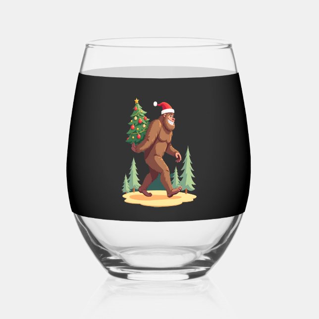 Bigfoot Christmas Tree Santa Hat Stemless Wine Glass (Front)