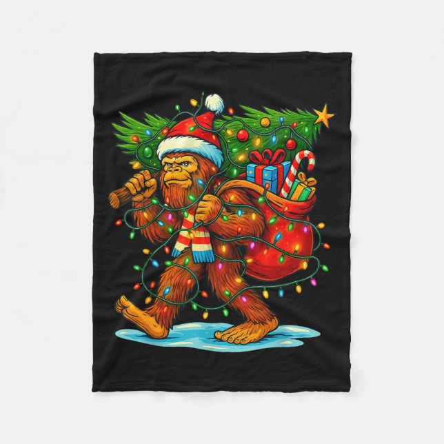 Bigfoot Christmas Tree Xmas Sasquatch Funny Lights Fleece Blanket (Front)