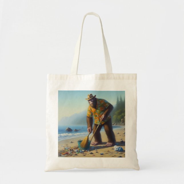 Bigfoot Cleaning the Beach Tote Bag (Front)