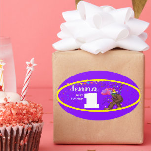 Bigfoot cute kids birthday card personalise age oval sticker