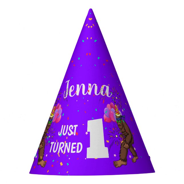 Bigfoot cute kids birthday card personalise age party hat (Front)
