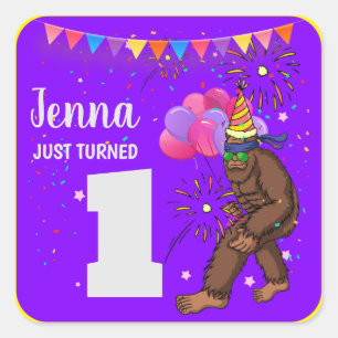 Bigfoot cute kids birthday card personalise age square sticker
