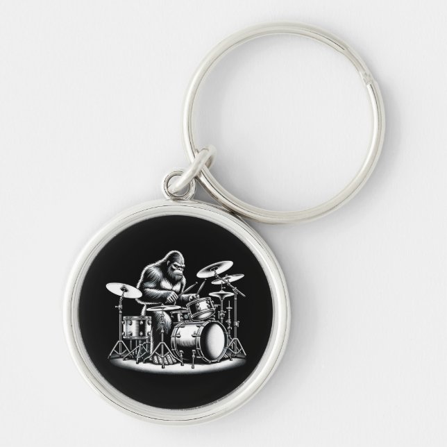 Bigfoot Drummer Sasquatch Playing Drums Musician B Key Ring (Front)
