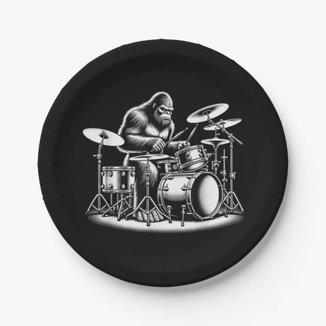 Bigfoot Drummer Sasquatch Playing Drums Musician B Paper Plate (Front)