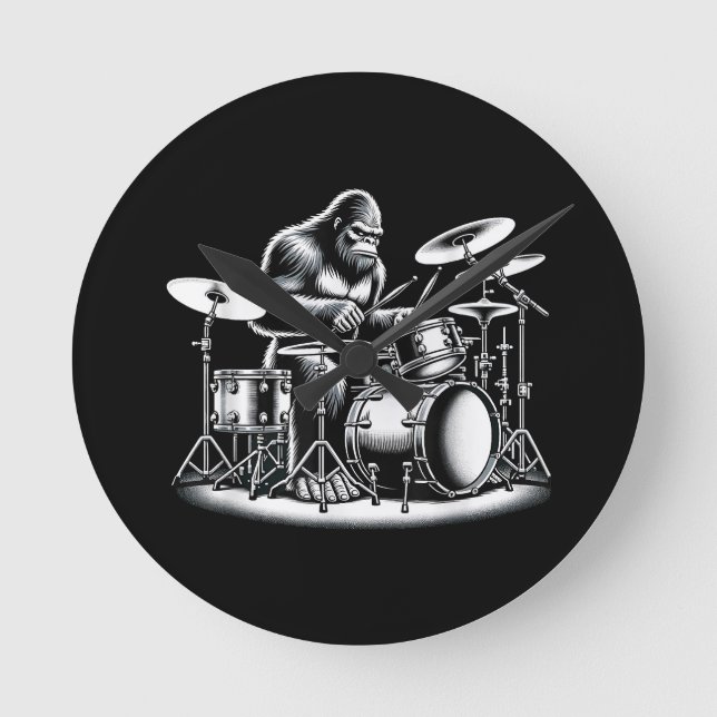 Bigfoot Drummer Sasquatch Playing Drums Musician B Round Clock (Front)