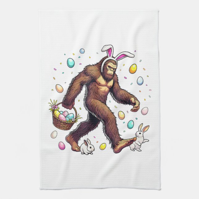 Bigfoot Easter Day Funny Sasquatch Tea Towel (Vertical)