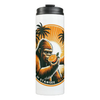 Bigfoot eating an orange thermal tumbler