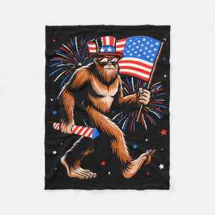 Bigfoot Firework American Flag Bigfoot 4th Of July Fleece Blanket