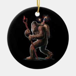 Bigfoot Fireworks 4th of July Usa Flag Sasquatch  Ceramic Ornament