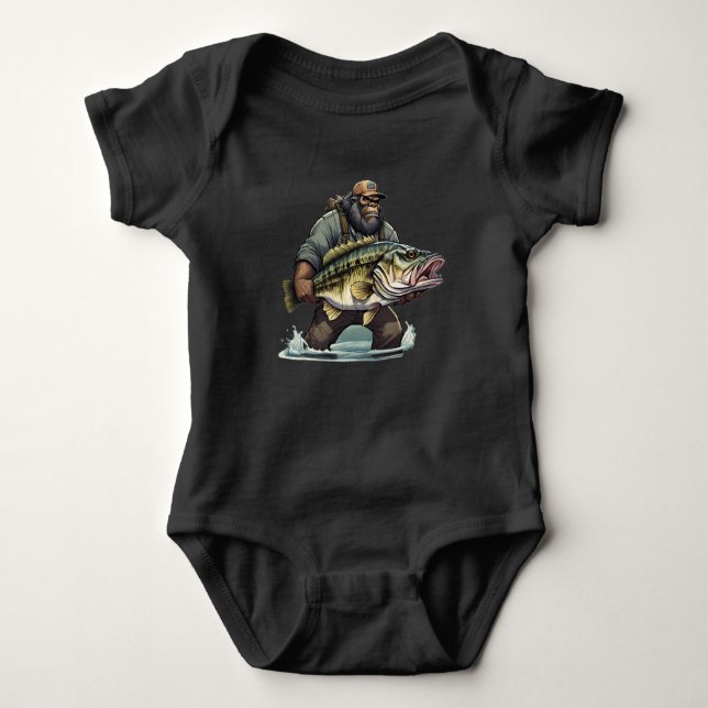 Bigfoot Fishing Bass fish Sasquatch yeti fisherman Baby Bodysuit (Front)