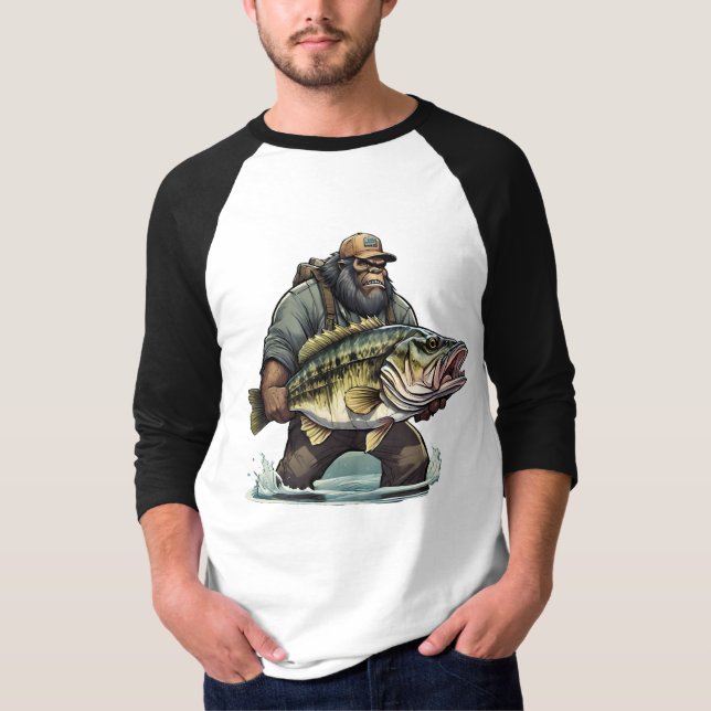 Bigfoot Fishing Bass fish Sasquatch yeti fisherman T-Shirt (Front)