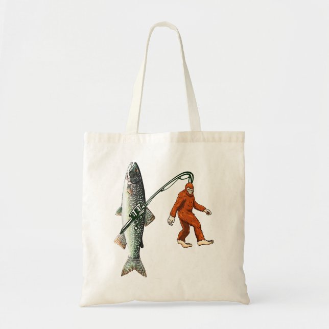 Bigfoot Fishing Funny Sasquatch and Fish Lake Trou Tote Bag (Front)