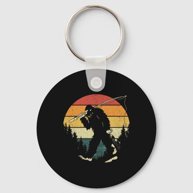 Bigfoot Fishing Funny Sasquatch Fish Sunset 80s B  Key Ring (Front)