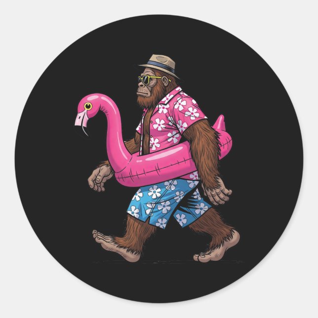 Bigfoot Flamingo Sasquatch Summer Pink Float Pool  Classic Round Sticker (Front)