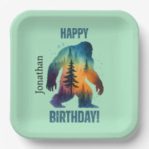 Bigfoot Forest Sunset Silhouette Happy Birthday  Paper Plate