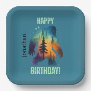 Bigfoot Forest Sunset Silhouette Happy Birthday Paper Plate