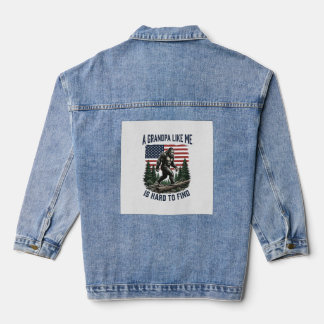 Bigfoot Grandpa Vintage American Flag Shirt Design Denim Jacket