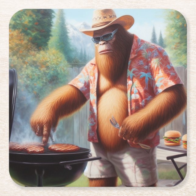 Bigfoot Grilling Burgers Square Paper Coaster (Front)