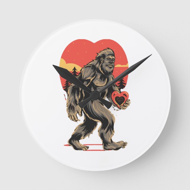 bigfoot heart valentines day round clock (Front)