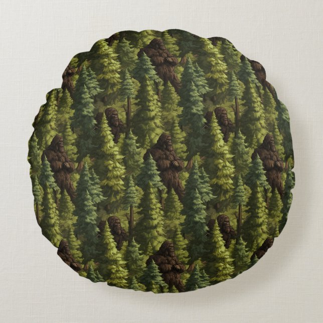 Bigfoot Hiding In A Pine Tree Forest Round Cushion (Front)