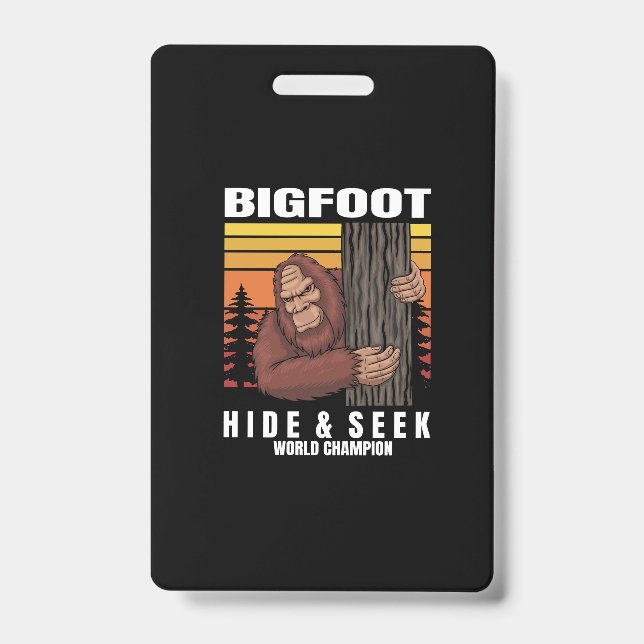 bigfoot hiding in a tree retro ID badge (Front)