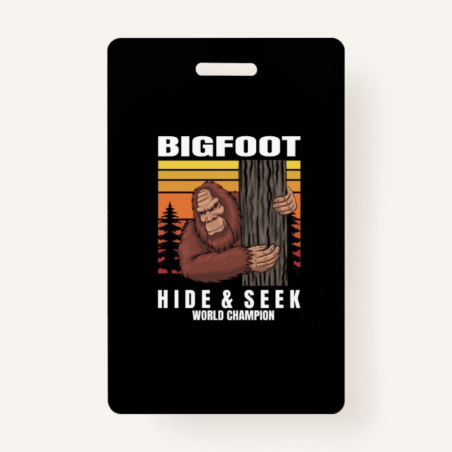 bigfoot hiding in a tree retro ID badge (Front)