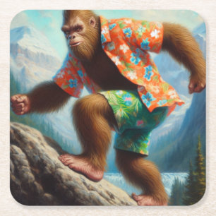 Bigfoot Hiking Square Paper Coaster