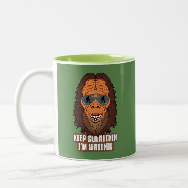 Bigfoot is Watching You Funny Camping Two-Tone Coffee Mug (Left)