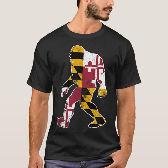 Bigfoot Maryland Flag State Sasquatch Men Women Ki T-Shirt (Front)
