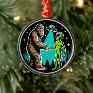 Bigfoot Meets Alien Metal Ornament