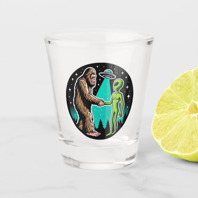 Bigfoot Meets Alien Shot Glass (Front)