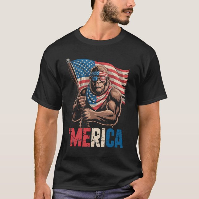 Bigfoot Merica American Flag Sasquatch Lover USA T-Shirt (Front)