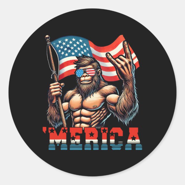 Bigfoot Merica Rock American Flag Patriotic 4th Of Classic Round Sticker (Front)