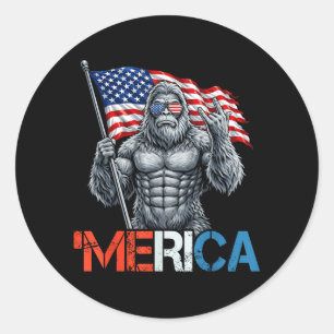 Bigfoot Merica Rock American Flag Patriotic 4th of Classic Round Sticker