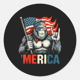 Bigfoot Merica Rock American Flag Patriotic 4th Of Classic Round Sticker